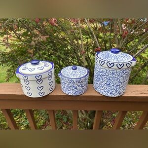 Two Bears Pottery " Loving Hearts" Canister Set Of 3. Hand Painted Blue & White